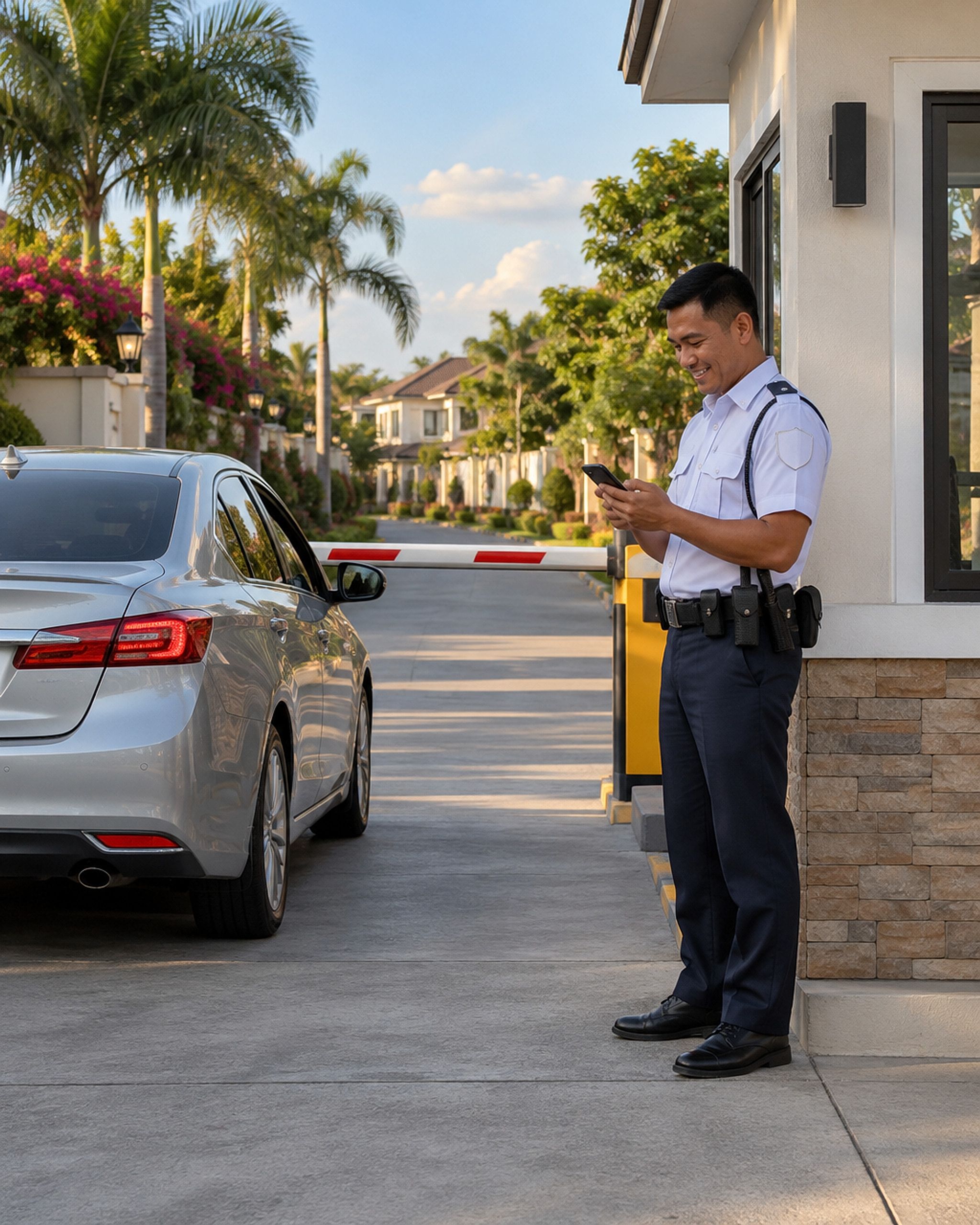 A guard at a village gate checks a pass on his phone as a car waits.